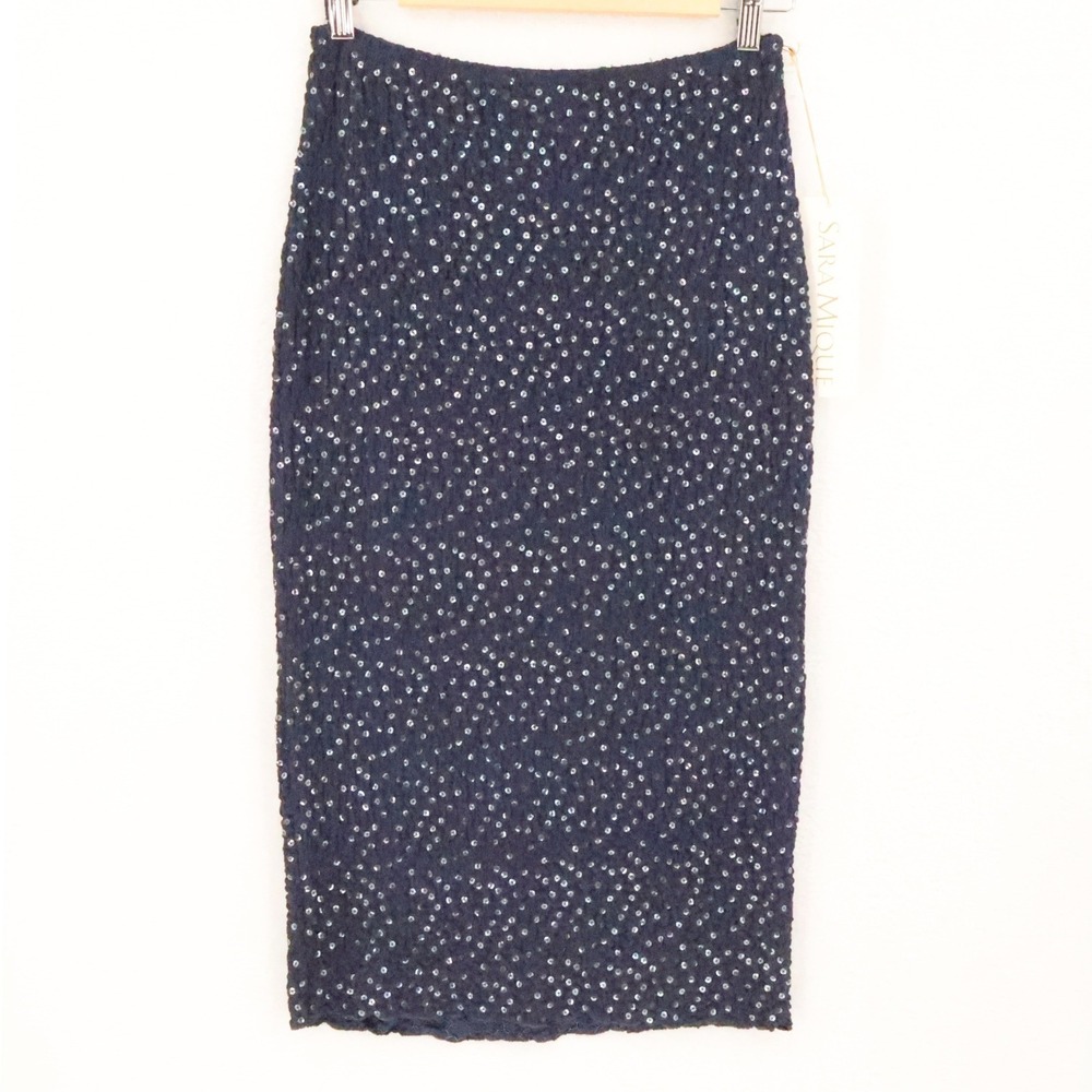 Sara Mique Silk Sequin Pencil Skirt Size S Navy Blue Midi Bodycon Evening Party